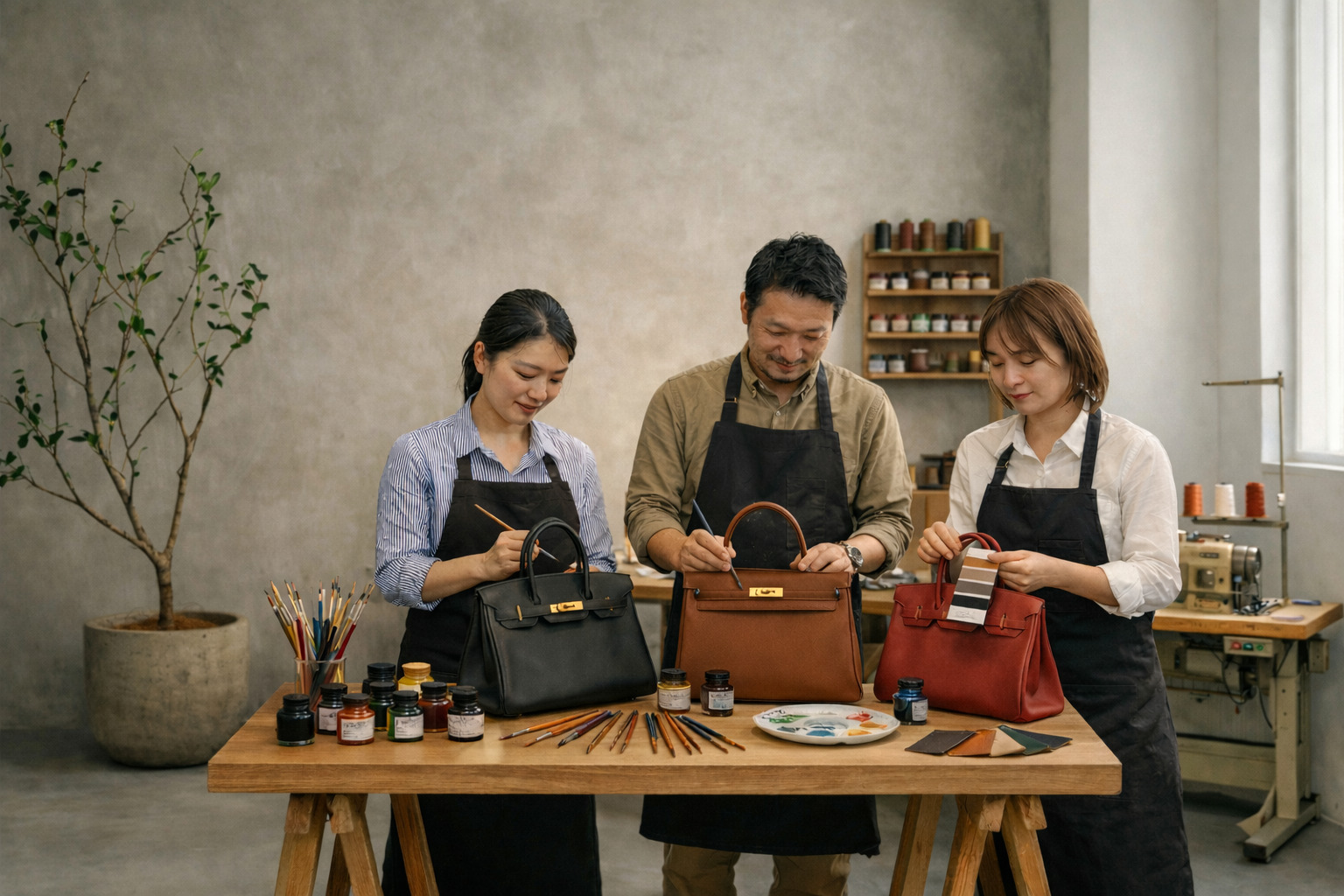 修理・補色を行う職人たちの作業風景