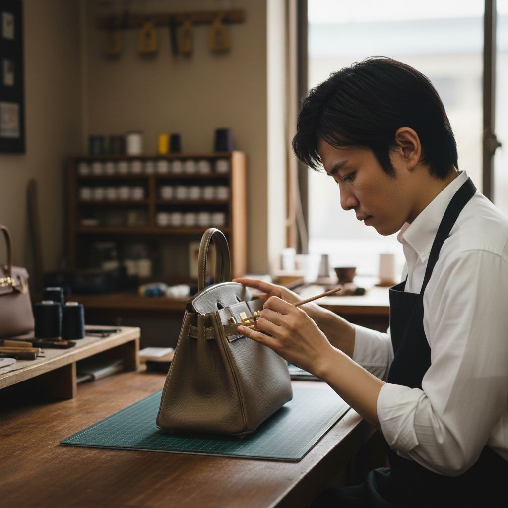 ブランドバッグの修理・補色を行う職人の作業風景